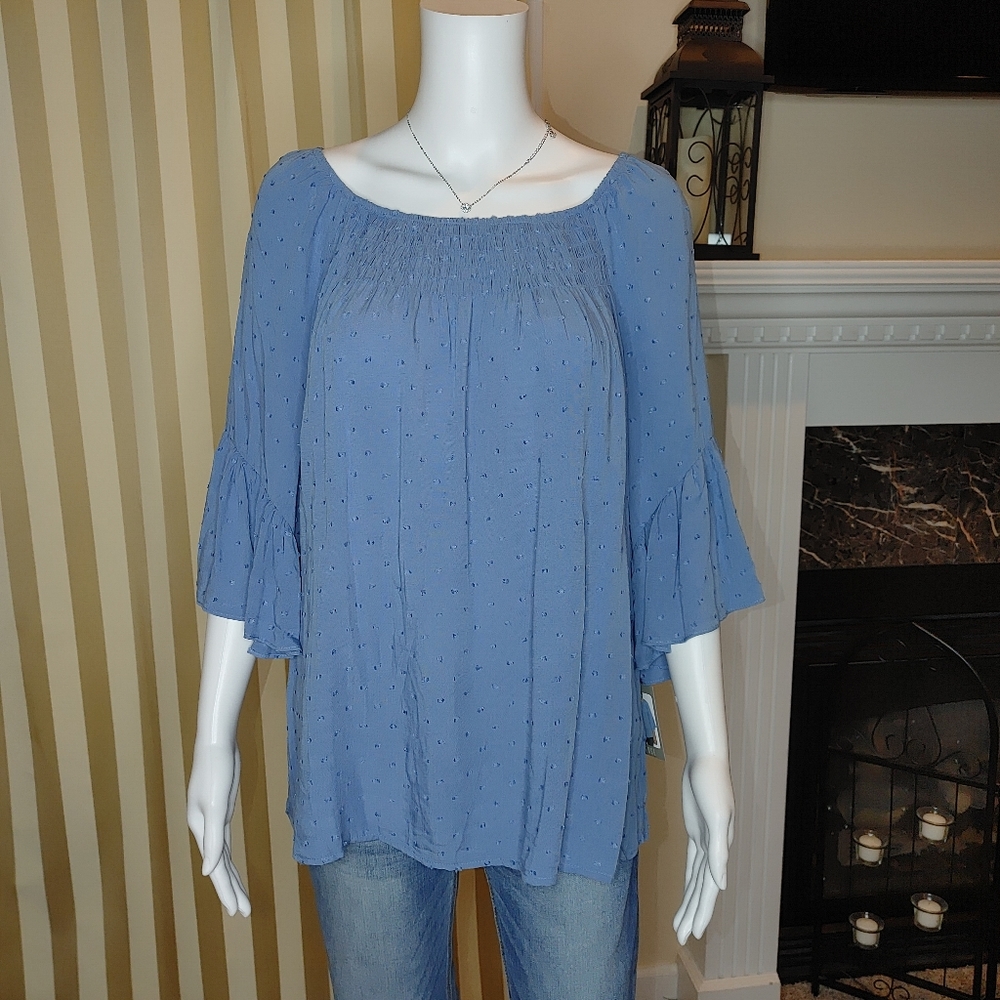 SPENSE SMOCKED BELL SLEEVE TOP, BLUE S